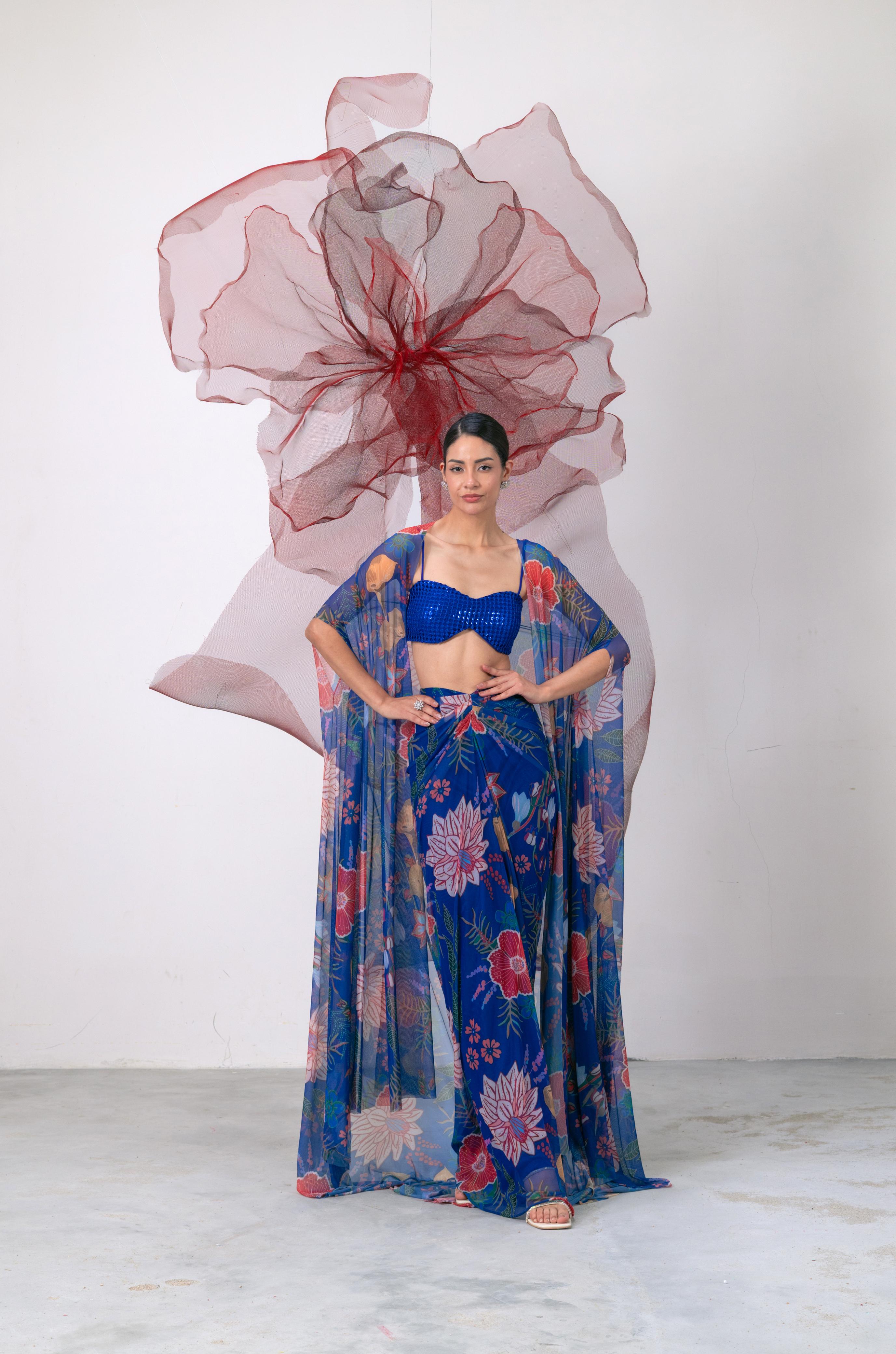 Electric Blue Bralette with Printed Skirt and Cape Set - Phooljadi