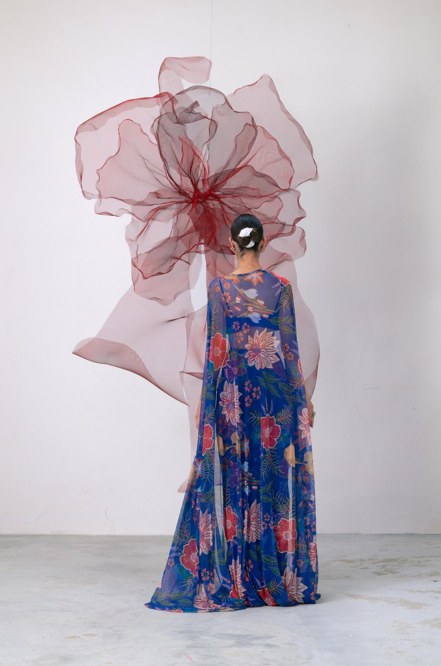 Electric Blue Bralette with Printed Skirt and Cape Set - Phooljadi