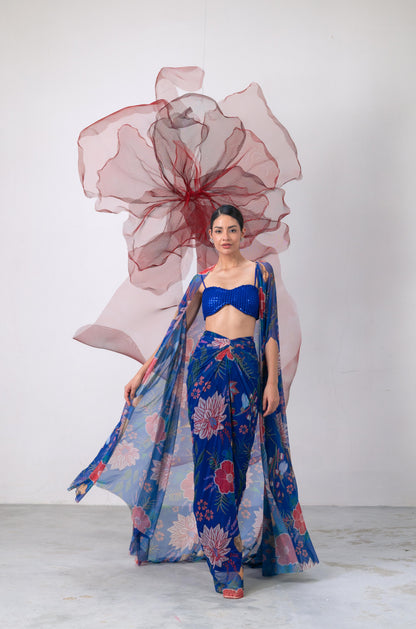 Electric Blue Bralette with Printed Skirt and Cape Set - Phooljadi