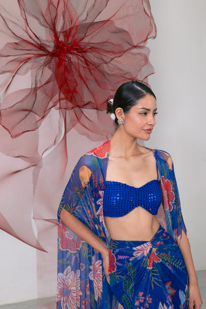 Electric Blue Bralette with Printed Skirt and Cape Set - Phooljadi