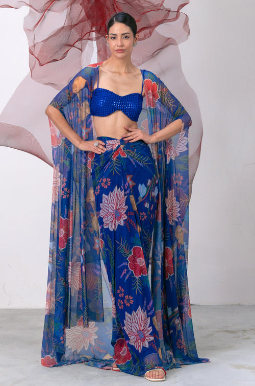 Electric Blue Bralette with Printed Skirt and Cape Set - Phooljadi