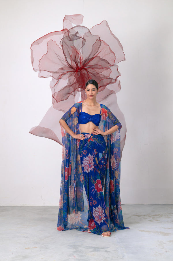Electric Blue Bralette with Printed Skirt and Cape Set - Phooljadi