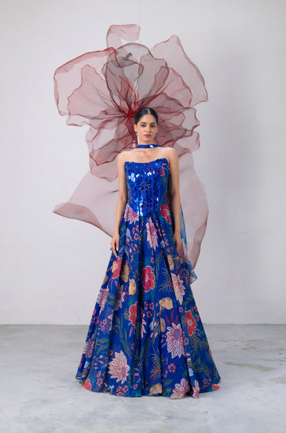 Electric Blue Mirror Work Corset with Printed Lehenga - Suroor