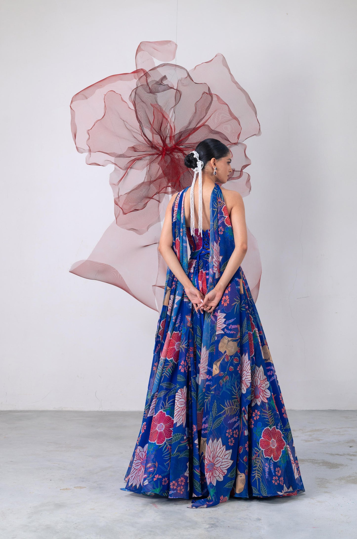 Electric Blue Mirror Work Corset with Printed Lehenga - Suroor