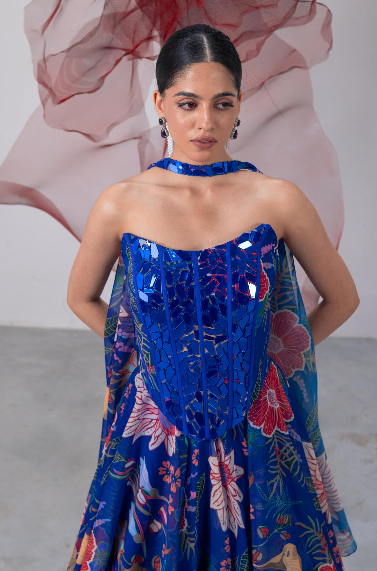 Electric Blue Mirror Work Corset with Printed Lehenga - Suroor