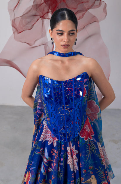 Electric Blue Mirror Work Corset with Printed Lehenga - Suroor