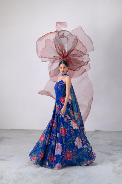 Electric Blue Mirror Work Corset with Printed Lehenga - Suroor