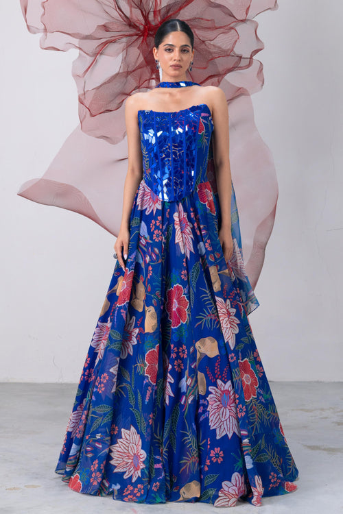 Electric Blue Mirror Work Corset with Printed Lehenga - Suroor