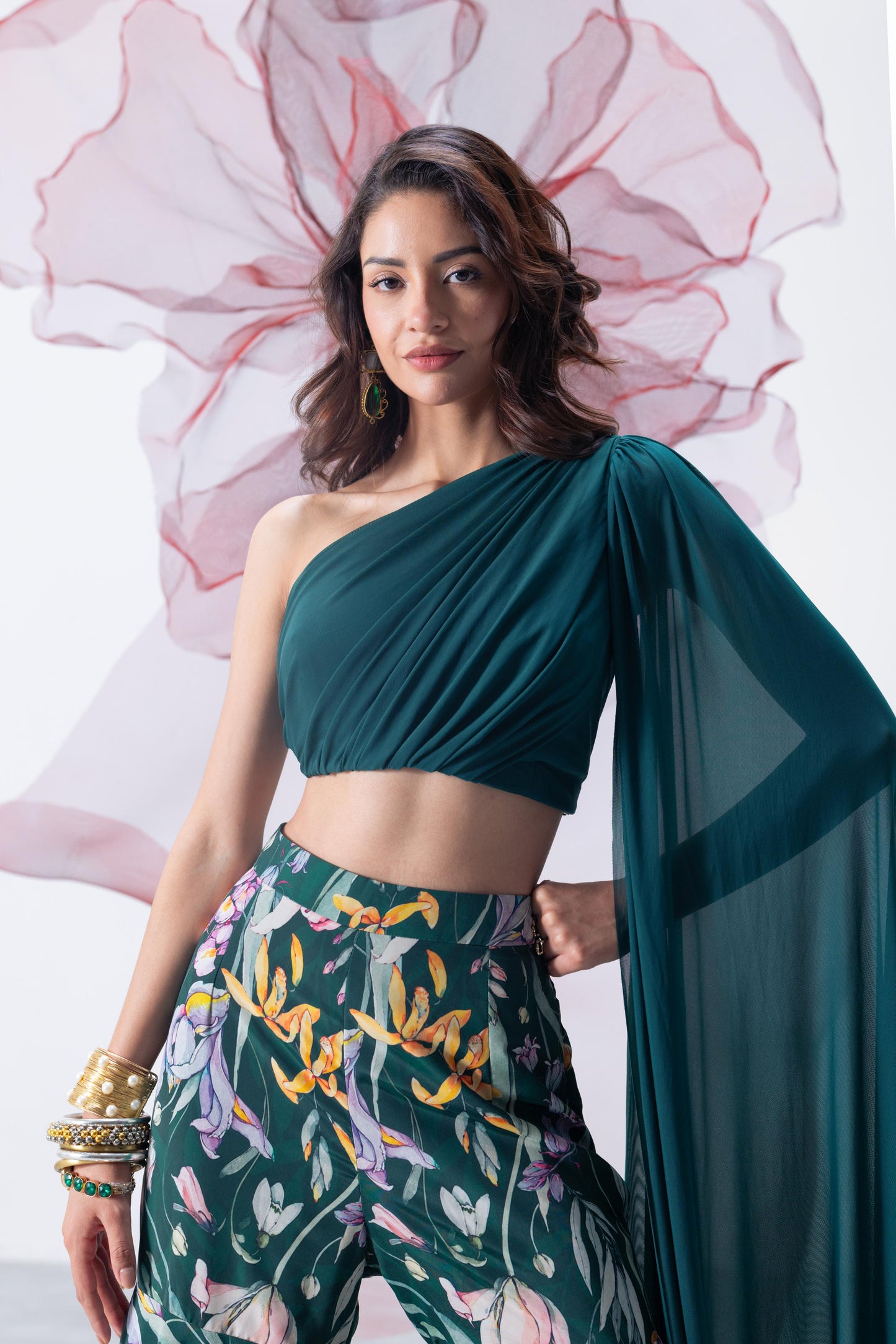 Emerald Green Crop Top with Palazzo - Nazaakat