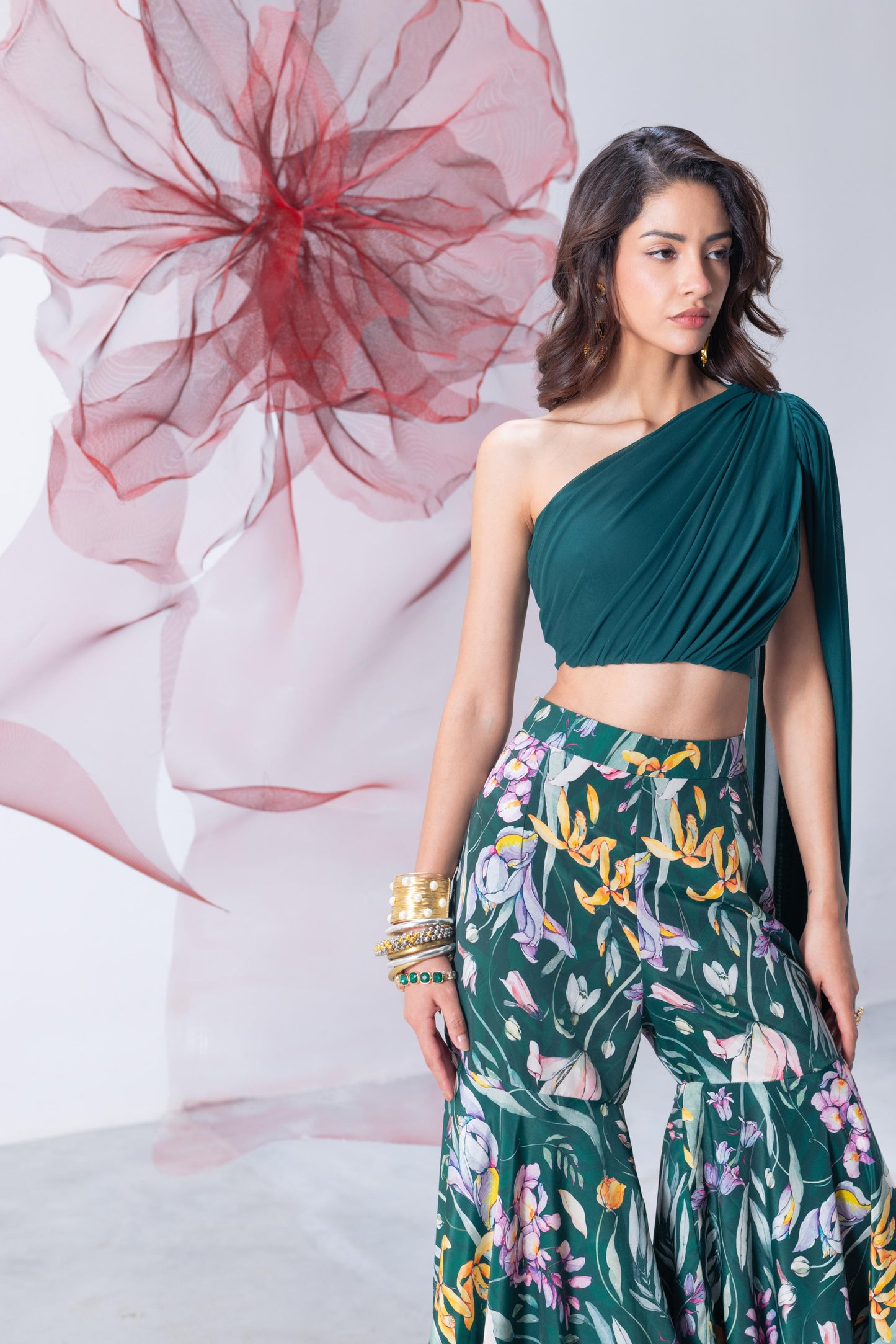 Emerald Green Crop Top with Palazzo - Nazaakat