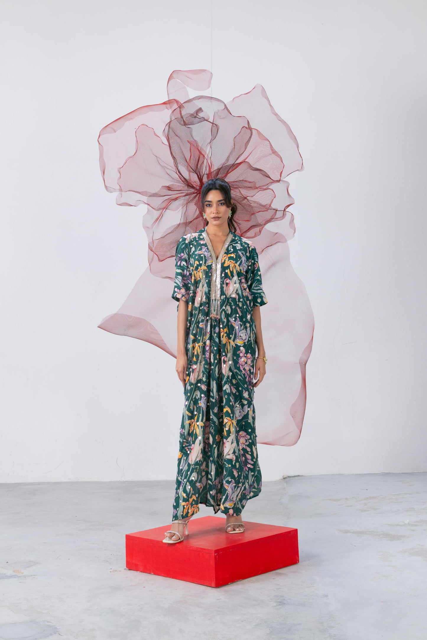 Emerald Green Embellished Kaftaan Dress - Aarzoo