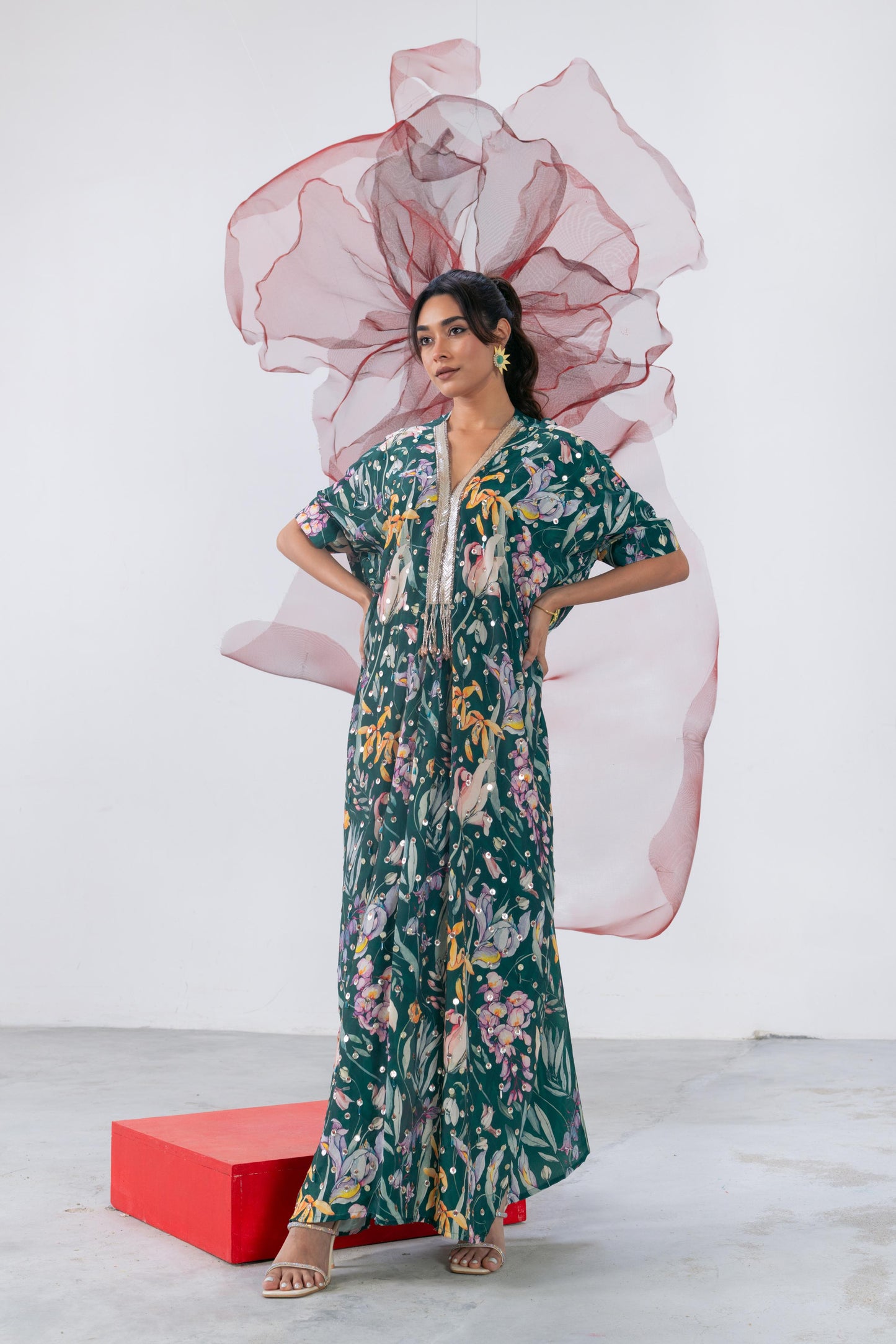 Emerald Green Embellished Kaftaan Dress - Aarzoo