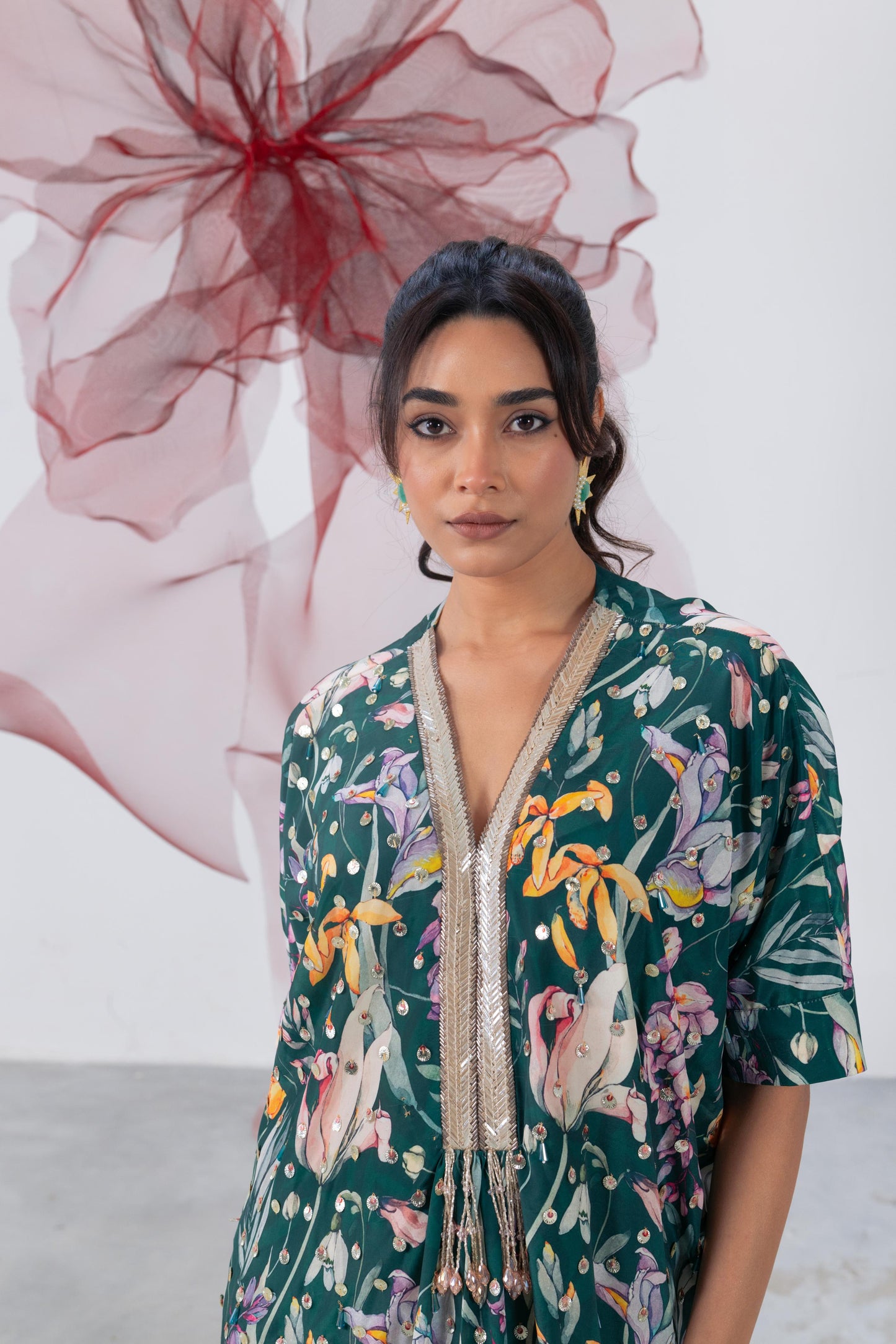 Emerald Green Embellished Kaftaan Dress - Aarzoo