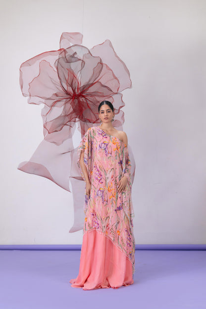 Peach Printed Kaftan with Flared Sharara Pants - Jugni