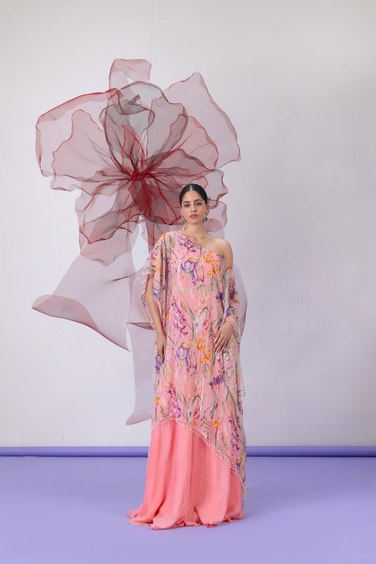 Peach Printed Kaftan with Flared Sharara Pants - Jugni