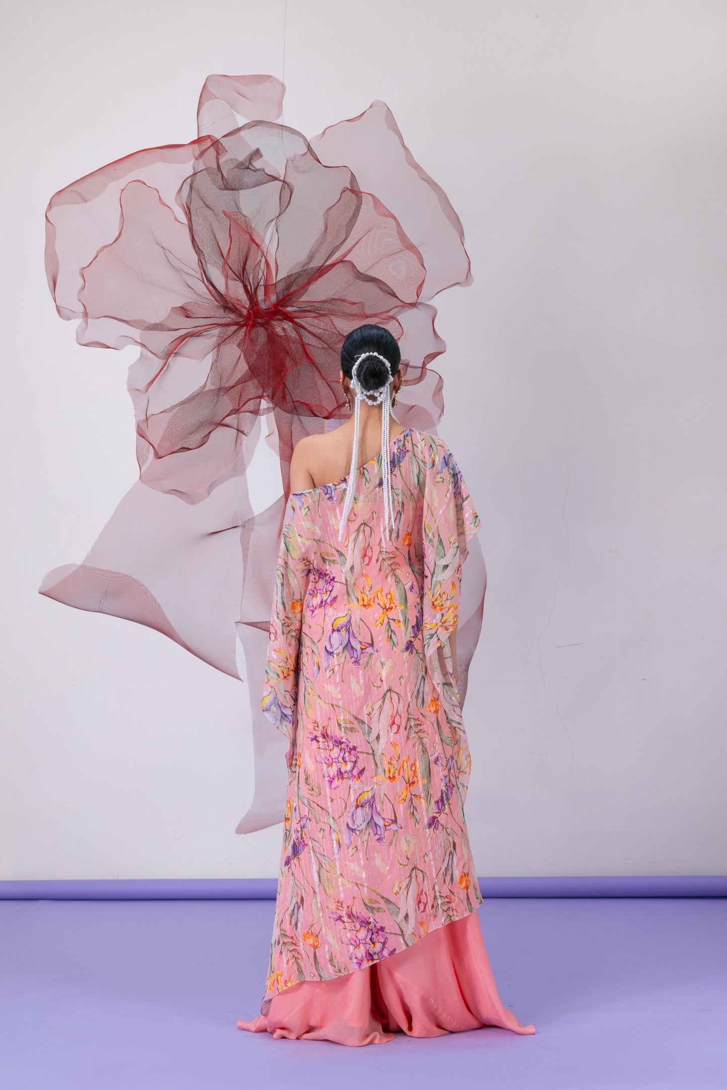 Peach Printed Kaftan with Flared Sharara Pants - Jugni