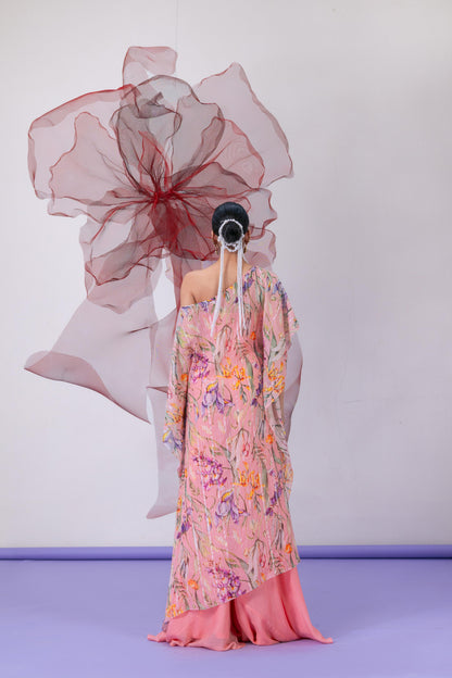 Peach Printed Kaftan with Flared Sharara Pants - Jugni