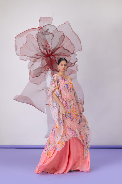 Peach Printed Kaftan with Flared Sharara Pants - Jugni
