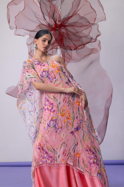 Peach Printed Kaftan with Flared Sharara Pants - Jugni