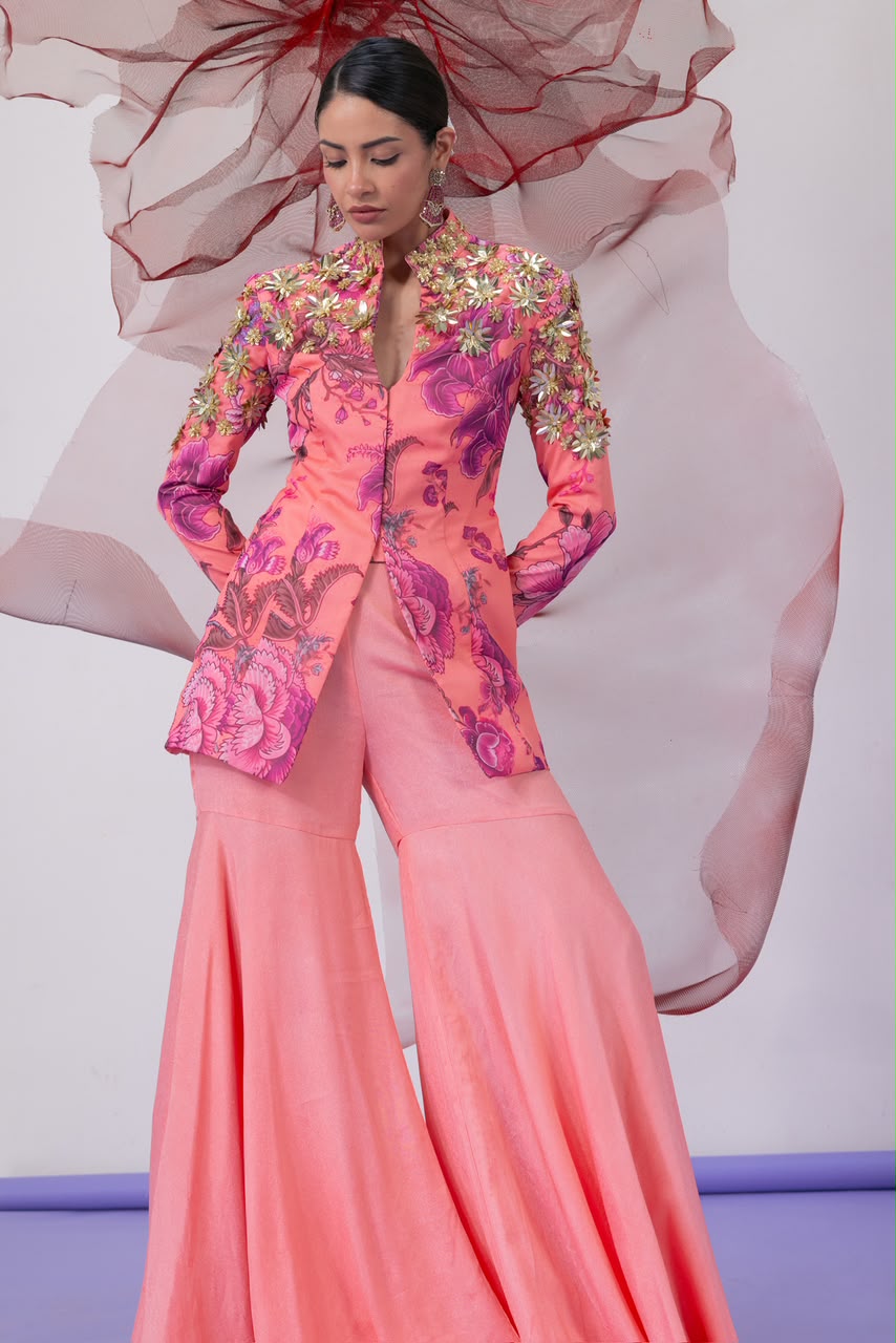 Peach Jacket-Style Top with Wide Palazzo Pants - Chingari