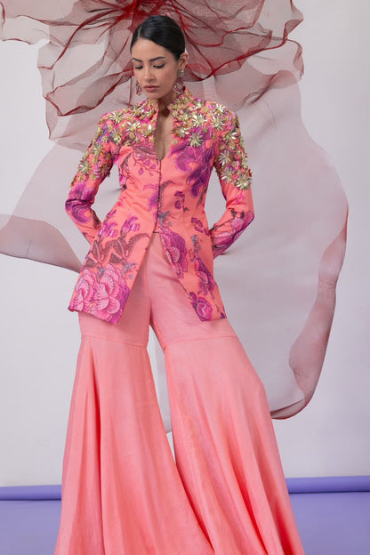 Peach Jacket-Style Top with Wide Palazzo Pants - Chingari