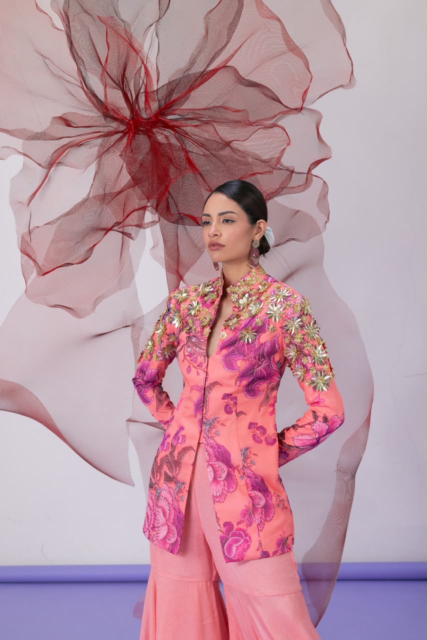Peach Jacket-Style Top with Wide Palazzo Pants - Chingari