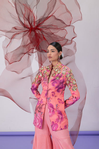 Peach Jacket-Style Top with Wide Palazzo Pants - Chingari