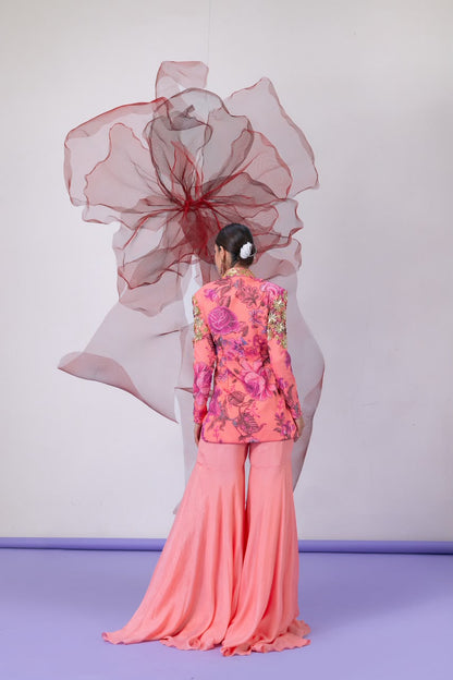 Peach Jacket-Style Top with Wide Palazzo Pants - Chingari