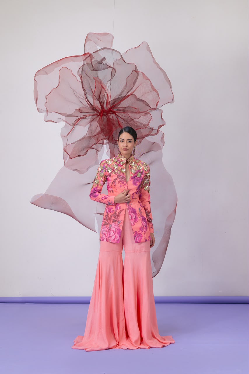 Peach Jacket-Style Top with Wide Palazzo Pants - Chingari