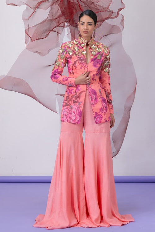 Peach Jacket-Style Top with Wide Palazzo Pants - Chingari