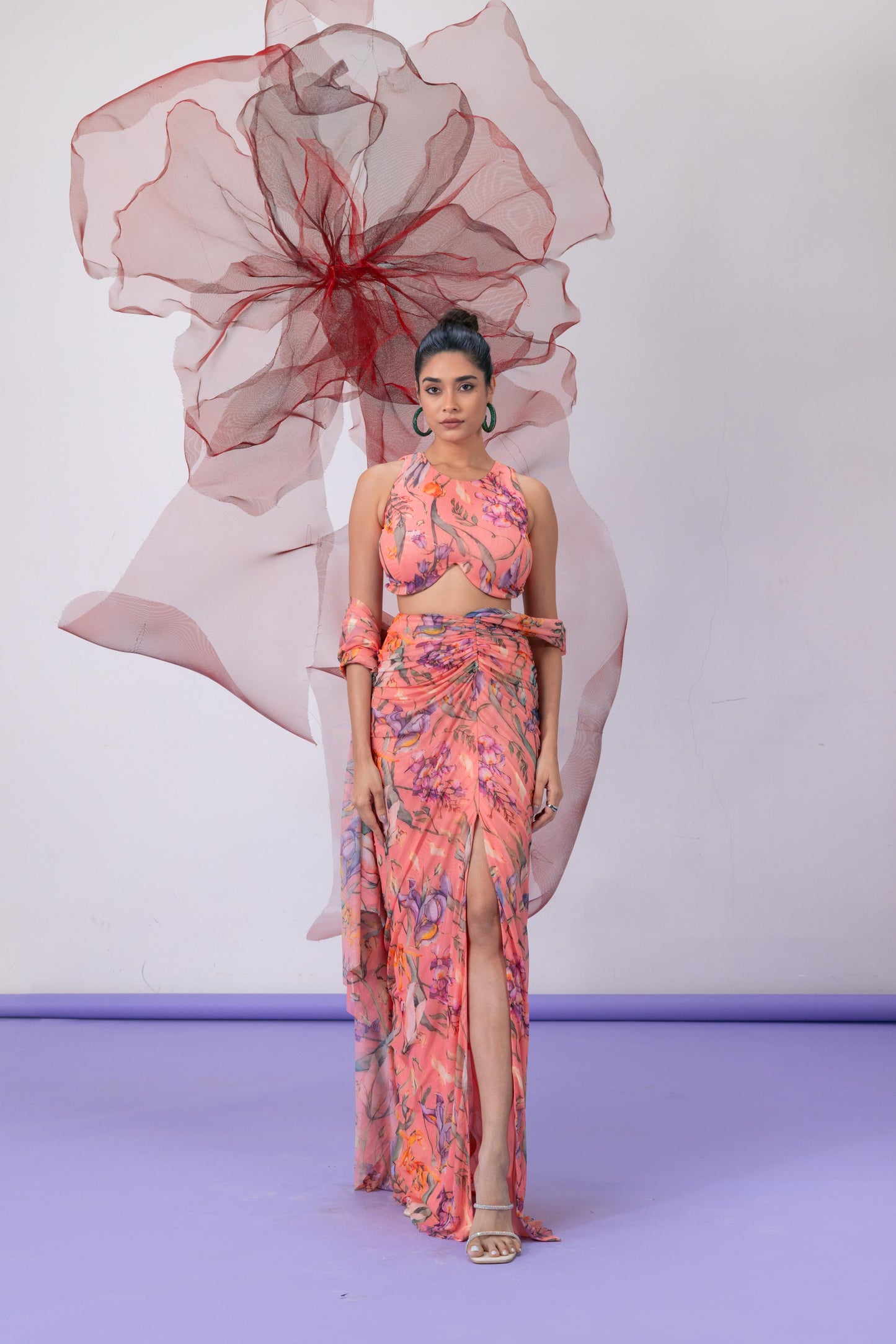 Peach Printed Crop Top with Coordinating Skirt - Qaatil