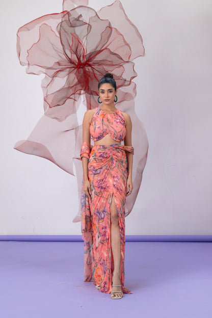 Peach Printed Crop Top with Coordinating Skirt - Qaatil