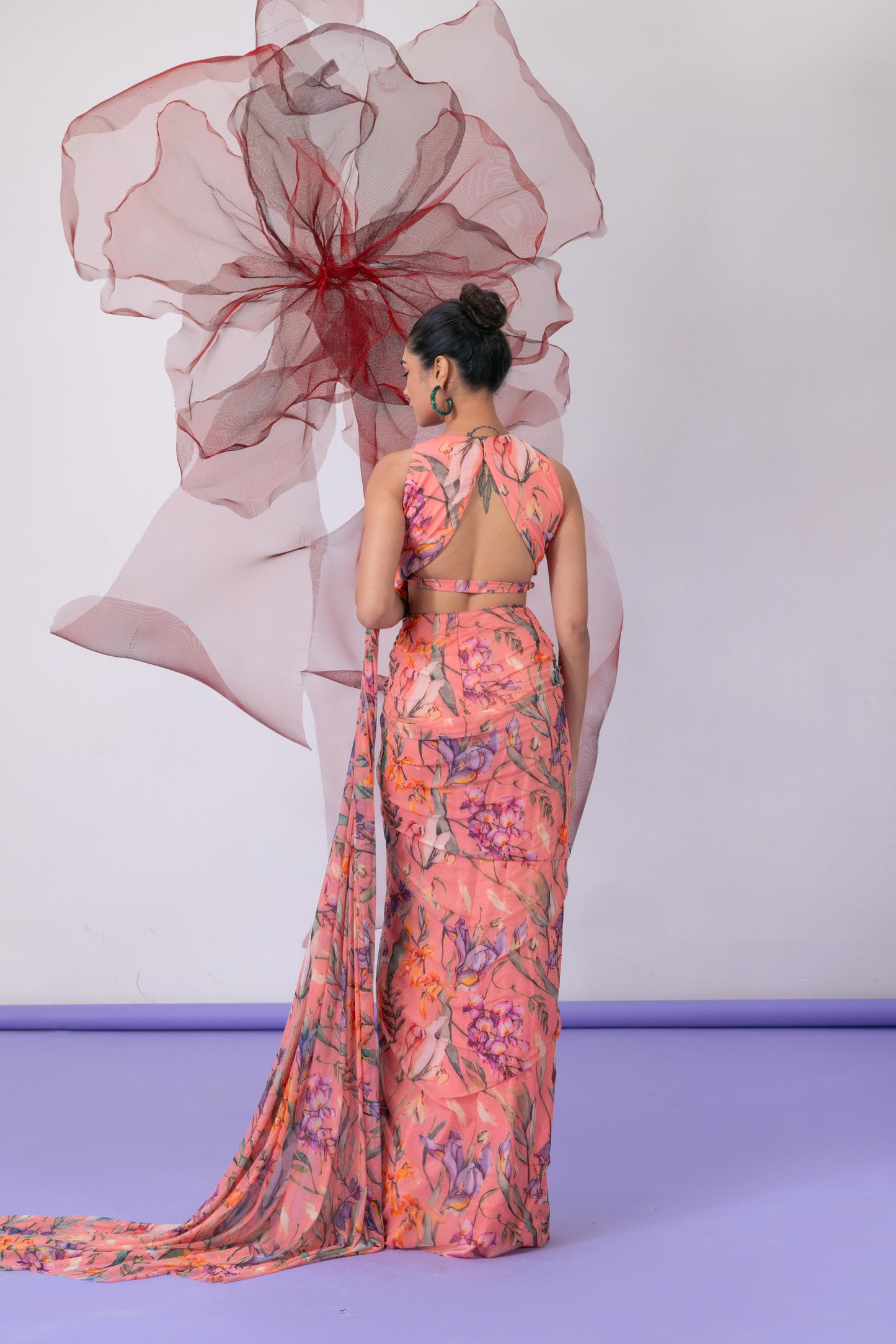 Peach Printed Crop Top with Coordinating Skirt - Qaatil