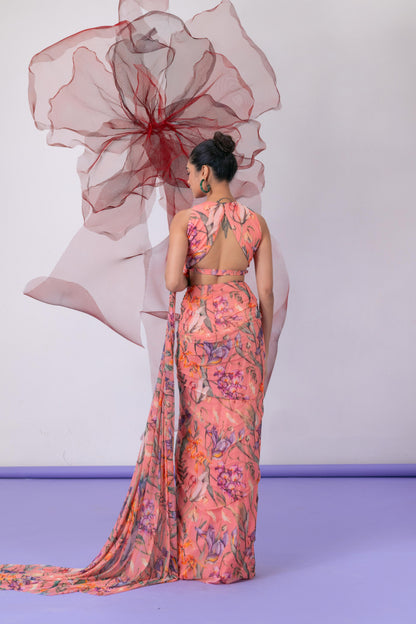 Peach Printed Crop Top with Coordinating Skirt - Qaatil