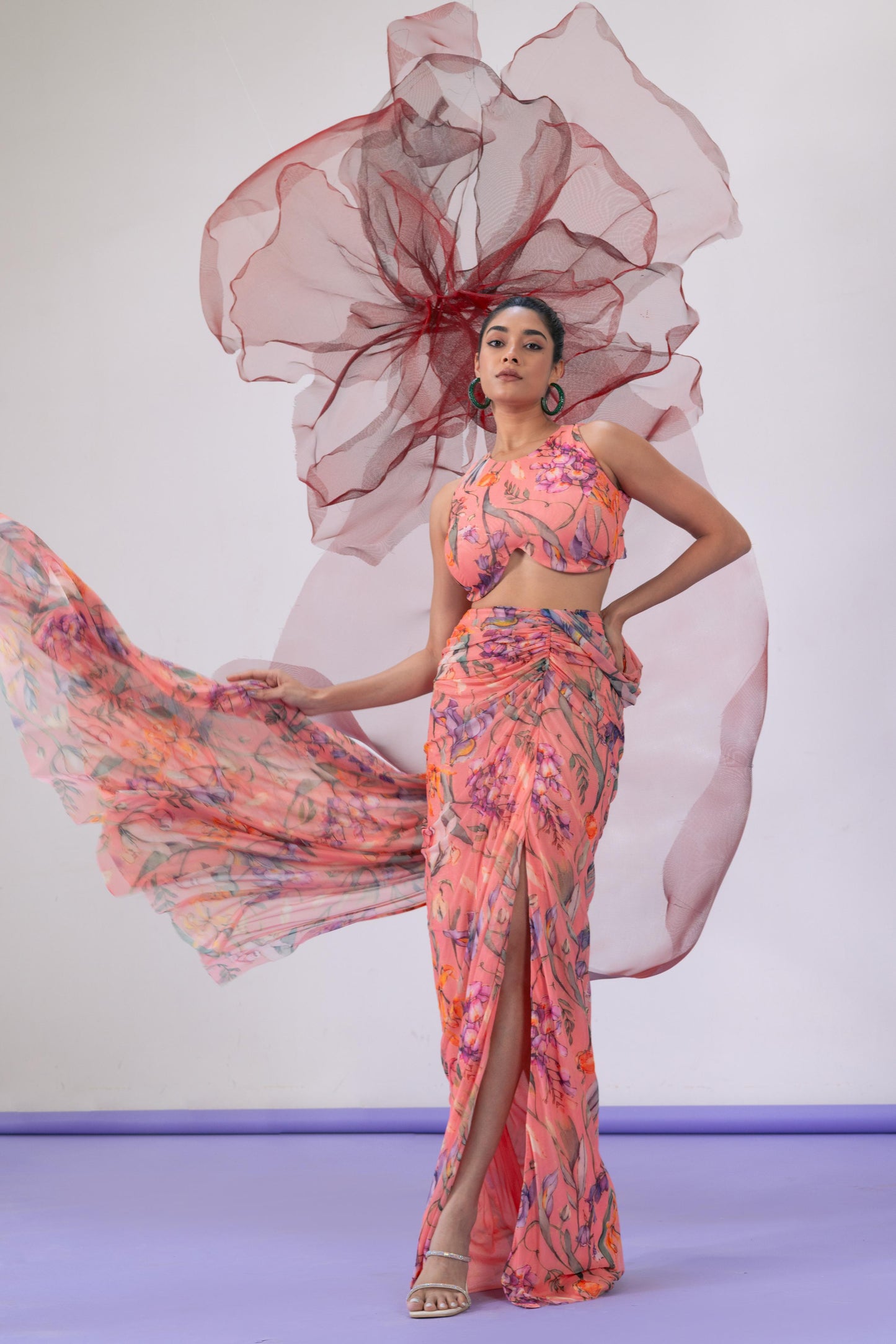 Peach Printed Crop Top with Coordinating Skirt - Qaatil