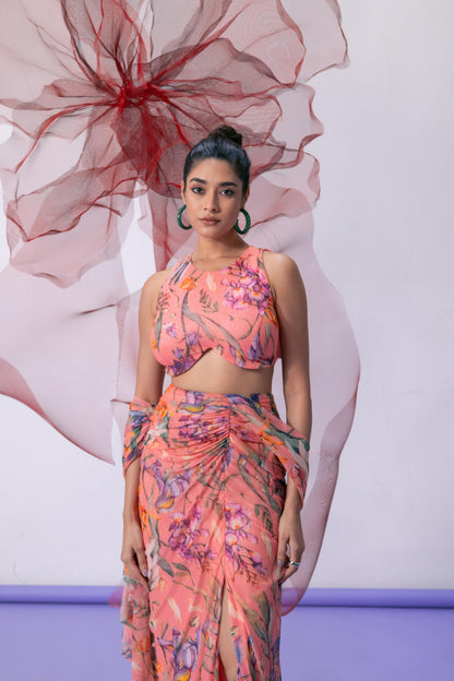 Peach Printed Crop Top with Coordinating Skirt - Qaatil