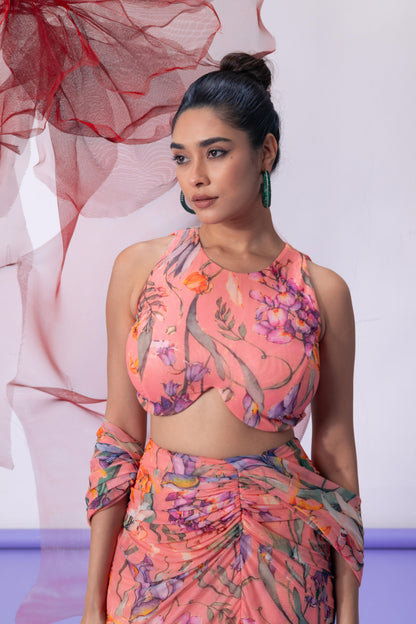 Peach Printed Crop Top with Coordinating Skirt - Qaatil