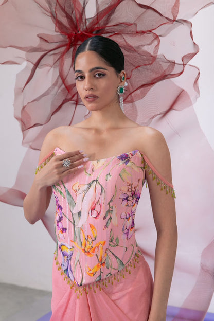Peach Corset-Style Blouse with Draped Skirt - Meher