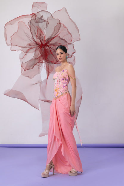 Peach Corset-Style Blouse with Draped Skirt - Meher