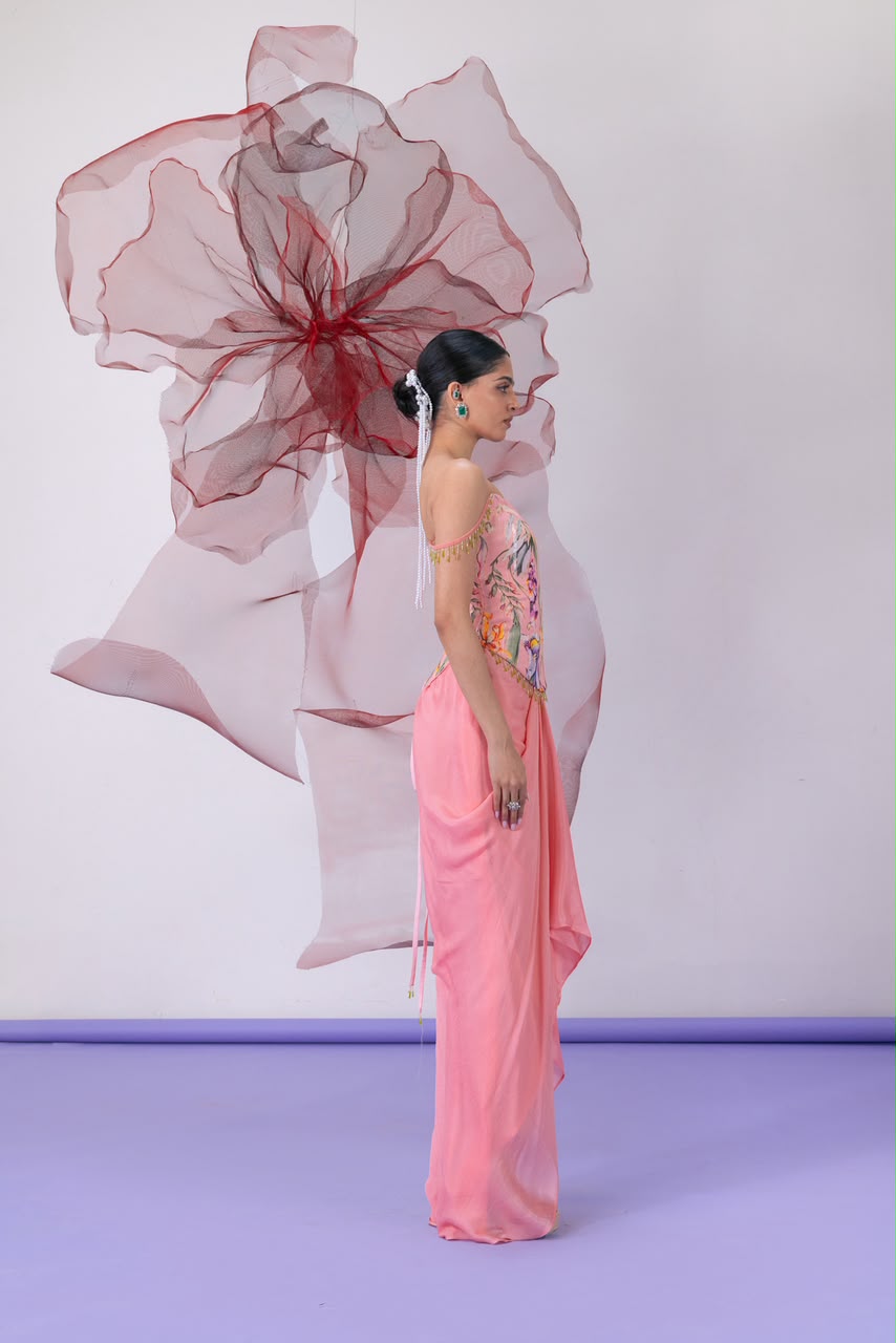 Peach Corset-Style Blouse with Draped Skirt - Meher