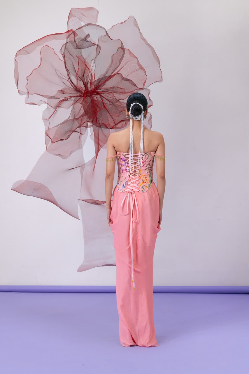 Peach Corset-Style Blouse with Draped Skirt - Meher