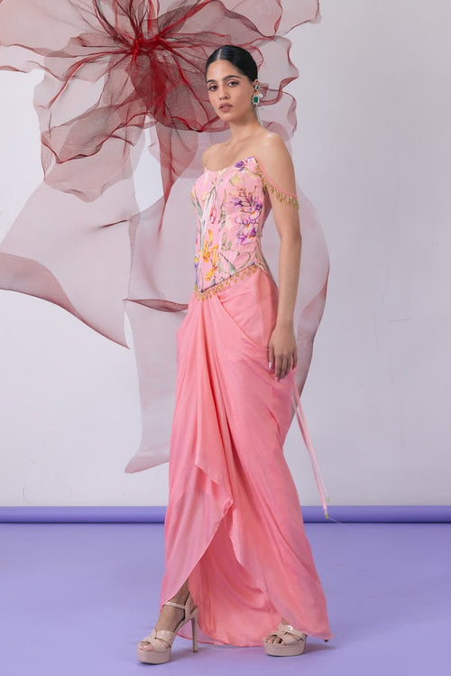 Peach Corset-Style Blouse with Draped Skirt - Meher