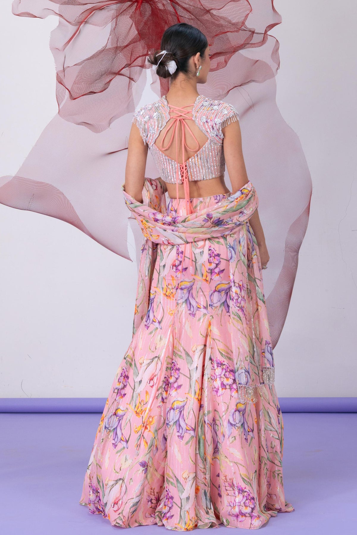 Peach Printed Blouse with Classic Lehenga Skirt - Shabnami