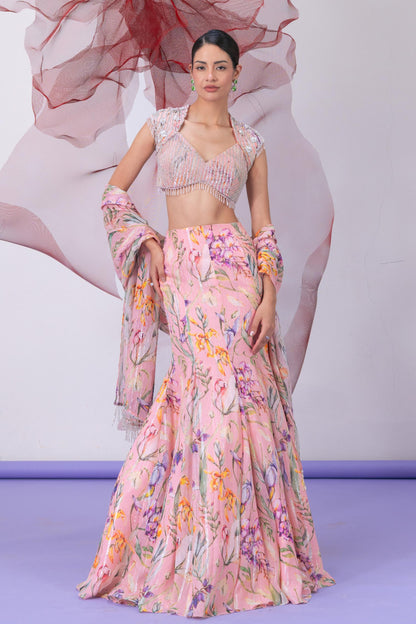Peach Printed Blouse with Classic Lehenga Skirt - Shabnami