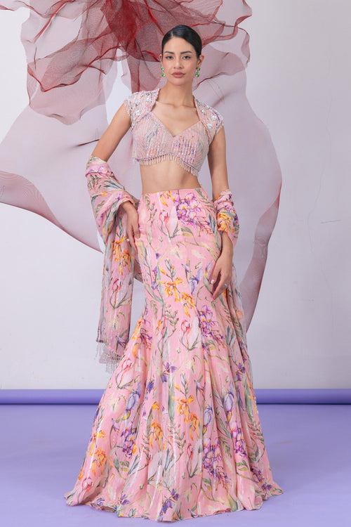 Peach Printed Blouse with Classic Lehenga Skirt - Shabnami