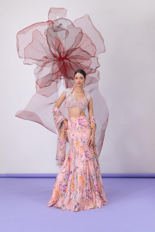 Peach Printed Blouse with Classic Lehenga Skirt - Shabnami