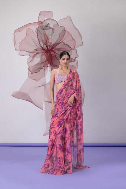 Pink Printed Embellished Saree - Bawri