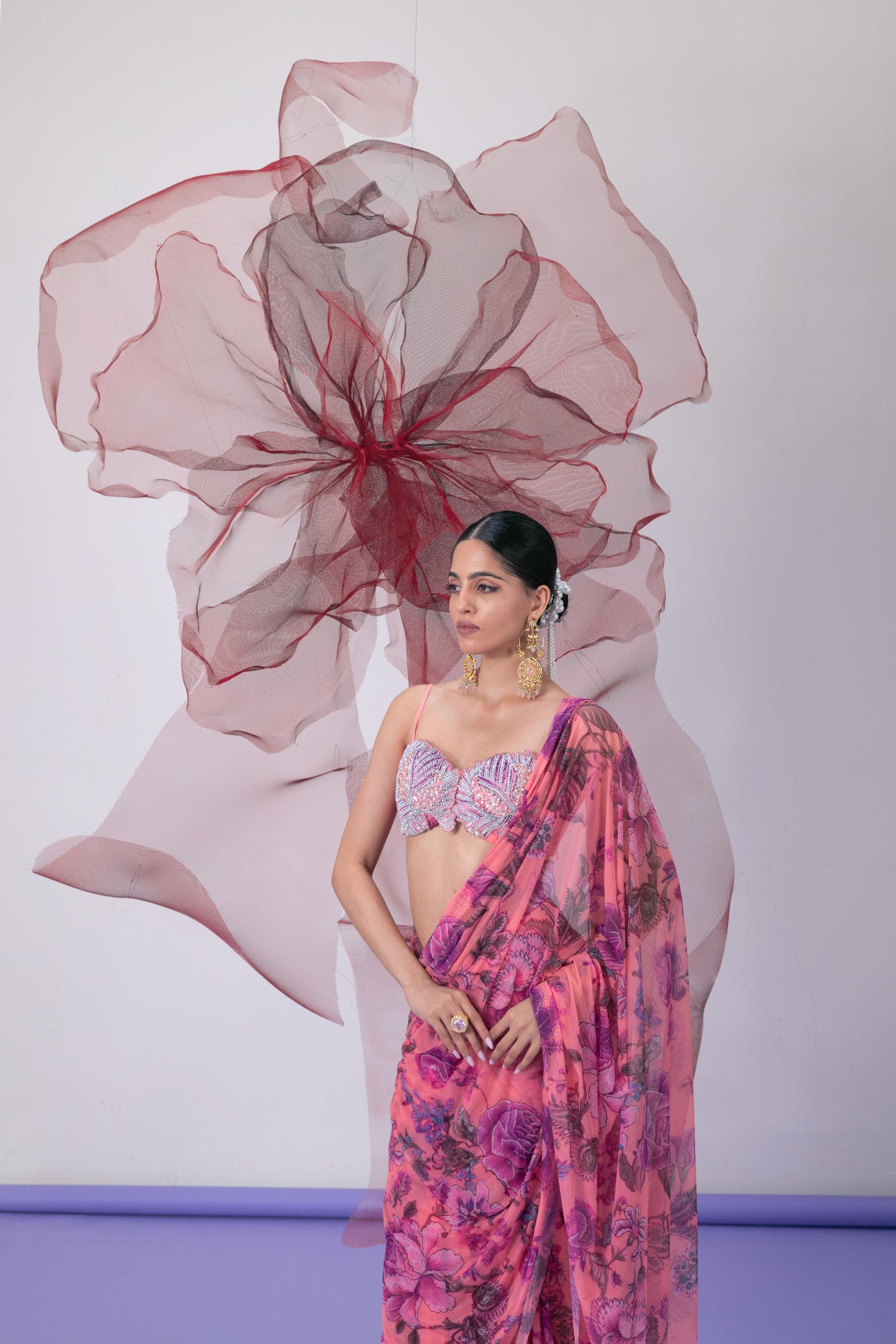 Pink Printed Embellished Saree - Bawri