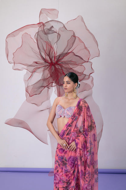 Pink Printed Embellished Saree - Bawri