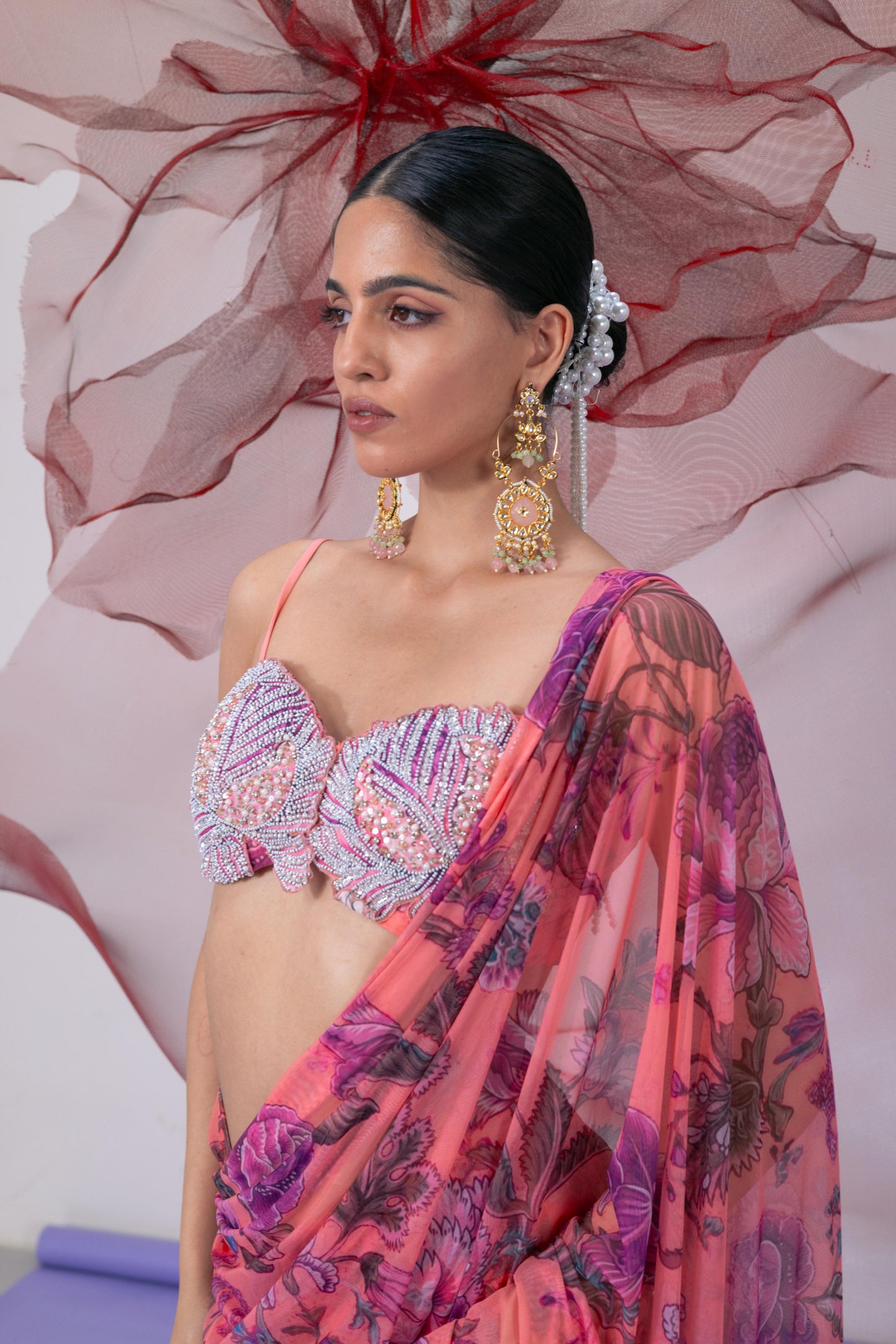 Pink Printed Embellished Saree - Bawri